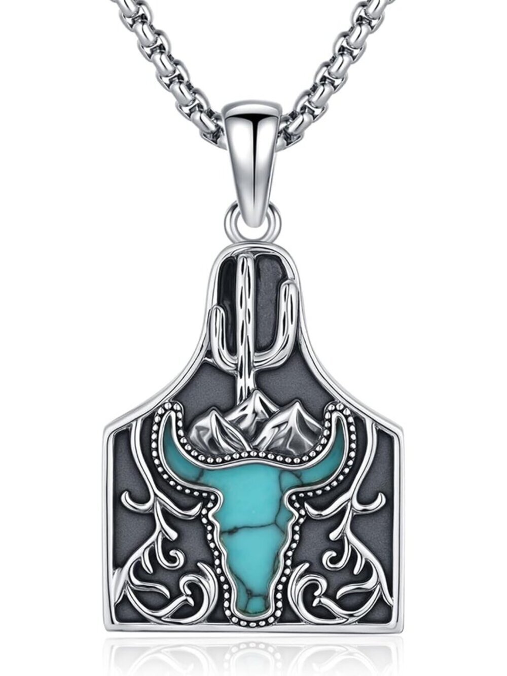 Women's Cow Tag Sterling Turquoise Pendant Highland Cow Skull Western Necklace